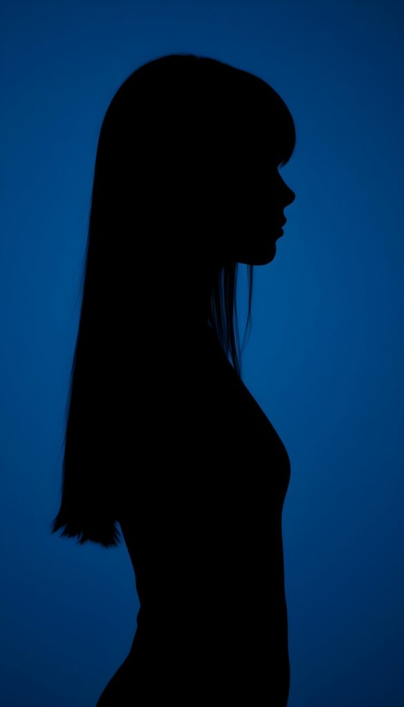 A (((black silhouette of a young girl with long straight hair))), perfect curved female figure, all against a deep blue backdrop, side view.