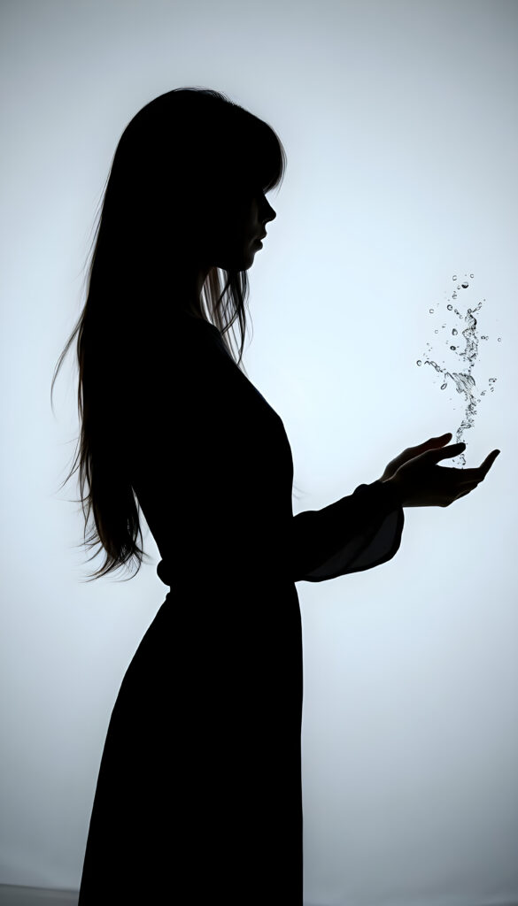 A (((black silhouette of a girl's figure with long hair))), its outline standing out against a (((pure white backdrop))), as if poised in midair. her hands creates a (((shimmering spell of magic))), emitting a soft, twilight glow, fantasy, magic, splashes of water