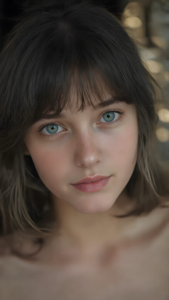 A (((breathtakingly gorgeous))) and (((teen girl))) with a ((detailed face)), showcasing exquisite (((green eyes))) and perfectly ((straight white teeth)), dressed in a (((black pleated wavy bob with bangs))), featuring soft and gentle smiles. Her lips are full and painted in a (((light pink hue))), giving off an ethereal glow. She's posed in a (((natural backdrop))), surrounded by an enchanting and serene atmosphere ((night view)) that brings out her natural beauty and emphasizes her radiant skin and vivid blue eyes, creating a (((truly incredible portrait))) that captures every detail of her face and body, including highly detailed and high-quality color grading that elevates this image to the highest level of digital art and makes it truly breathtaking and award-winning