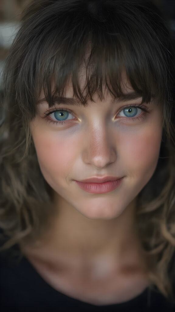 A (((breathtakingly gorgeous))) and (((teen girl))) with a ((detailed face)), showcasing exquisite (((green eyes))) and perfectly ((straight white teeth)), dressed in a (((black pleated wavy bob with bangs))), featuring soft and gentle smiles. Her lips are full and painted in a (((light pink hue))), giving off an ethereal glow. She's posed in a (((natural backdrop))), surrounded by an enchanting and serene atmosphere ((night view)) that brings out her natural beauty and emphasizes her radiant skin and vivid blue eyes, creating a (((truly incredible portrait))) that captures every detail of her face and body, including highly detailed and high-quality color grading that elevates this image to the highest level of digital art and makes it truly breathtaking and award-winning