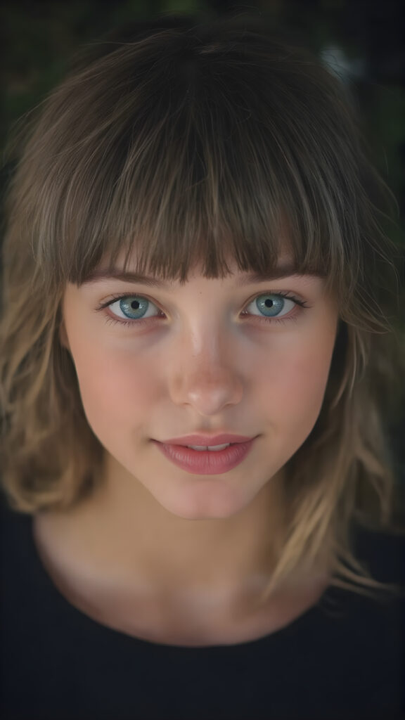 A (((breathtakingly gorgeous))) and (((teen girl))) with a ((detailed face)), showcasing exquisite (((green eyes))) and perfectly ((straight white teeth)), dressed in a (((black pleated wavy bob with bangs))), featuring soft and gentle smiles. Her lips are full and painted in a (((light pink hue))), giving off an ethereal glow. She's posed in a (((natural backdrop))), surrounded by an enchanting and serene atmosphere ((night view)) that brings out her natural beauty and emphasizes her radiant skin and vivid blue eyes, creating a (((truly incredible portrait))) that captures every detail of her face and body, including highly detailed and high-quality color grading that elevates this image to the highest level of digital art and makes it truly breathtaking and award-winning