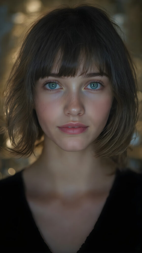 A (((breathtakingly gorgeous))) and (((teen girl))) with a ((detailed face)), showcasing exquisite (((green eyes))) and perfectly ((straight white teeth)), dressed in a (((black pleated wavy bob with bangs))), featuring soft and gentle smiles. Her lips are full and painted in a (((light pink hue))), giving off an ethereal glow. She's posed in a (((natural backdrop))), surrounded by an enchanting and serene atmosphere ((night view)) that brings out her natural beauty and emphasizes her radiant skin and vivid blue eyes, creating a (((truly incredible portrait))) that captures every detail of her face and body, including highly detailed and high-quality color grading that elevates this image to the highest level of digital art and makes it truly breathtaking and award-winning
