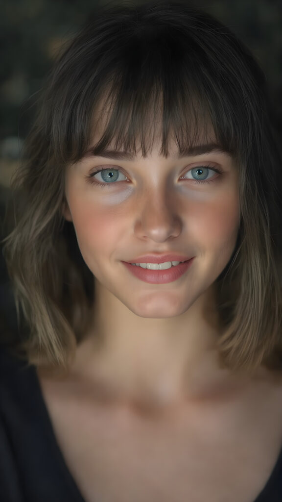 A (((breathtakingly gorgeous))) and (((teen girl))) with a ((detailed face)), showcasing exquisite (((green eyes))) and perfectly ((straight white teeth)), dressed in a (((black pleated wavy bob with bangs))), featuring soft and gentle smiles. Her lips are full and painted in a (((light pink hue))), giving off an ethereal glow. She's posed in a (((natural backdrop))), surrounded by an enchanting and serene atmosphere ((night view)) that brings out her natural beauty and emphasizes her radiant skin and vivid blue eyes, creating a (((truly incredible portrait))) that captures every detail of her face and body, including highly detailed and high-quality color grading that elevates this image to the highest level of digital art and makes it truly breathtaking and award-winning