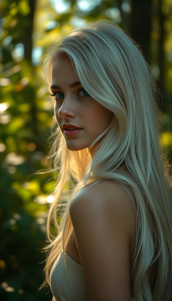 A breathtaking portrait of a young female model in an enchanting forest setting, with her elegant side profile sharply in focus. The scene is bathed in soft, golden sunlight filtering through the canopy, creating a magical bokeh effect. Her long, wavy white hair cascades over her shoulders, framing her face beautifully. She has radiant, luminous green eyes and a warm, gentle smile that exudes innocence and grace. The backdrop features lush, vibrant foliage with subtle hints of sunlight dappling the ground, adding depth and texture to the image. The overall composition is a harmonious blend of natural beauty and artistic refinement, evoking a sense of tranquility and elegance.