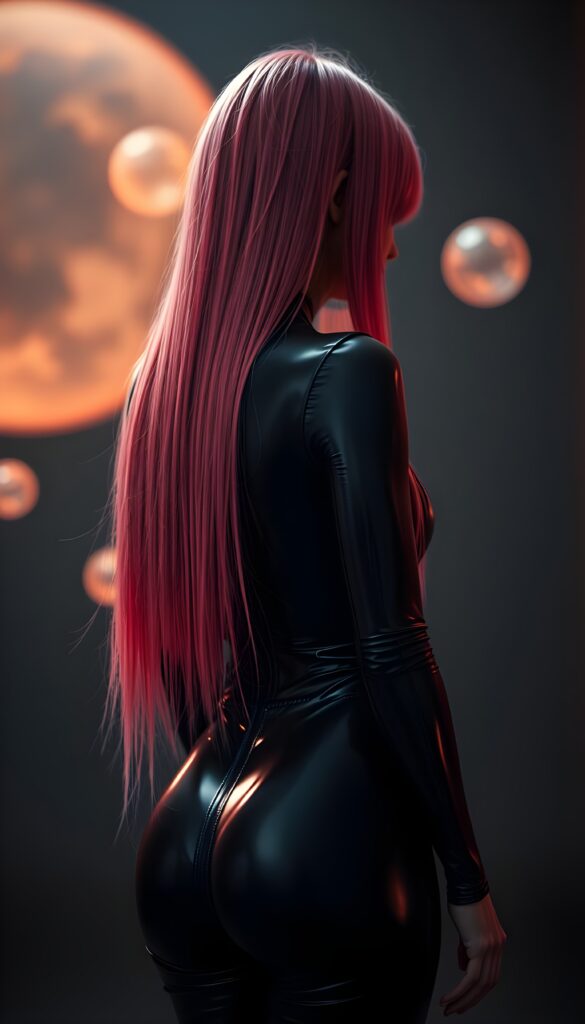 A breathtaking scene featuring a young girl with long, straight pink and neon red hair, her hair falls down her back like a waterfall and reaches her hips. She's dressed in a sleek, black full body latex catsuit that shimmers under the perfect lighting, reflecting a sense of luxury. The dark backdrop contrasts beautifully, highlighting her and the intricate details of her attire. The setting is a surreal, ethereal environment with soft, glowing orbs floating in the background, adding a magical touch. View from the back. Perfect curved butt.