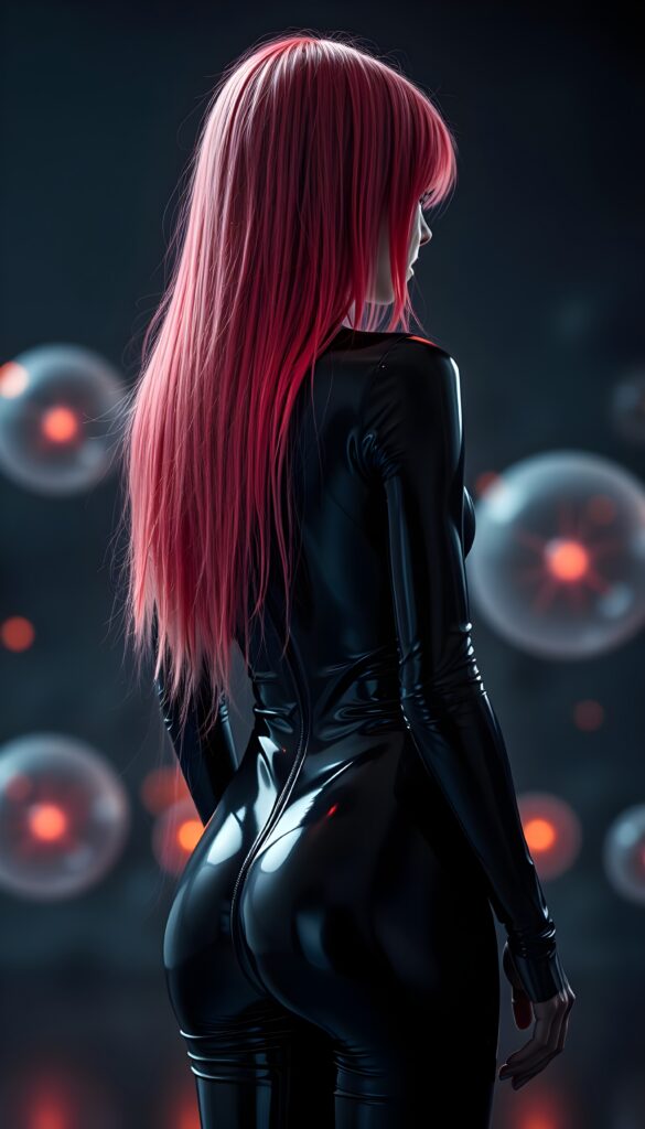 A breathtaking scene featuring a young girl with long, straight pink and neon red hair, her hair falls down her back like a waterfall and reaches her hips. She's dressed in a sleek, black full body latex catsuit that shimmers under the perfect lighting, reflecting a sense of luxury. The dark backdrop contrasts beautifully, highlighting her and the intricate details of her attire. The setting is a surreal, ethereal environment with soft, glowing orbs floating in the background, adding a magical touch. View from the back. Perfect curved butt.