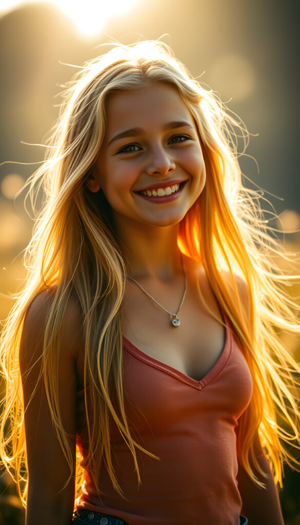 A breathtaking masterpiece in vivid colors, featuring a young, joyful girl with long, flowing blonde hair, same length. She smiles radiantly, her perfect, curved figure highlighted by a tank top with a deep V-neck, set against a sunny, dreamy backdrop. The scene is enhanced with warm, golden lighting, and whimsical details, creating a magical and uplifting atmosphere.