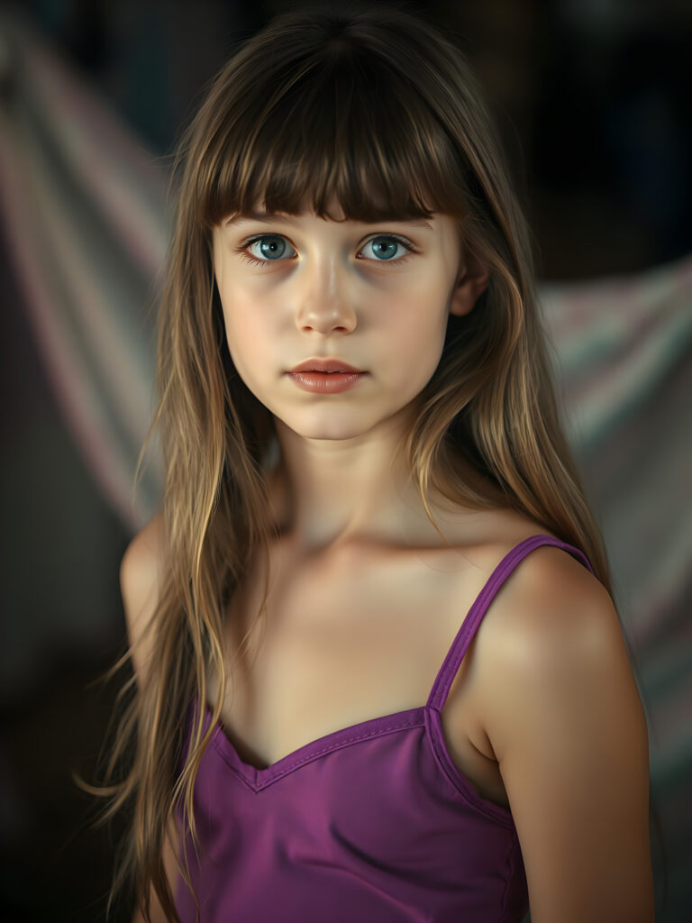 A breathtaking, ethereal portrait of a young girl with long, chestnut-brown hair cascading in waves. She has delicate bangs framing her face, and her eyes sparkle with a soft, enchanting light. Dressed in a vibrant purple, short tank top with a deep V-neck, she exudes a sense of grace and confidence. The image captures her from a slightly elevated angle, highlighting her elegant posture and the play of light and shadow across her form. The background is a dreamy blend of pastel hues, creating a serene and magical atmosphere. Her expression is one of gentle curiosity, enhancing the overall captivating and whimsical composition.