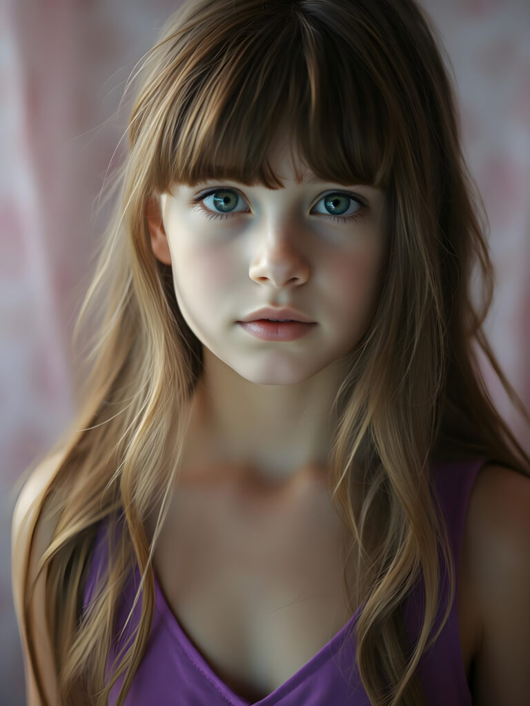 A breathtaking, ethereal portrait of a young girl with long, chestnut-brown hair cascading in waves. She has delicate bangs framing her face, and her eyes sparkle with a soft, enchanting light. Dressed in a vibrant purple, short tank top with a deep V-neck, she exudes a sense of grace and confidence. The image captures her from a slightly elevated angle, highlighting her elegant posture and the play of light and shadow across her form. The background is a dreamy blend of pastel hues, creating a serene and magical atmosphere. Her expression is one of gentle curiosity, enhancing the overall captivating and whimsical composition.