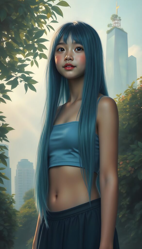 A breathtaking young teen girl with cascading, super long soft, straight deep blue hair reminiscent of ocean waves stands gracefully amidst an enchanted cityscape. She wears a short cropped light blue plain tank top and a dark round mini skirt. Her iridescent gown shimmers with hues of emerald and sapphire, blending harmoniously with the luminous foliage surrounding her. Sunbeams filter through the lush canopy, casting a mesmerizing, ethereal glow upon her serene, radiant face. Her expression exudes warmth and kindness, eyes gazing into the horizon with a gentle, hopeful smile. In the background, a futuristic, glowing skyscraper emerges from the mist, its surfaces adorned with shimmering lights and floating gardens. The scene is bathed in a soft, enchanting twilight, blending realism with dreamlike fantasy to create a visually captivating and heartwarming tableau.