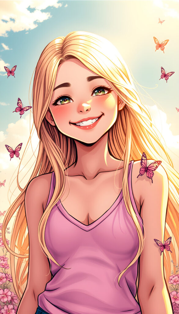 A breathtaking masterpiece in vivid colors, featuring a young, joyful girl with long, flowing blonde hair. She smiles radiantly, her perfect, curved figure highlighted by a tank top with a deep V-neck, set against a sunny, dreamy backdrop. The scene is enhanced with warm, golden lighting, and whimsical details like delicate flowers and butterflies fluttering around her, creating a magical and uplifting atmosphere.