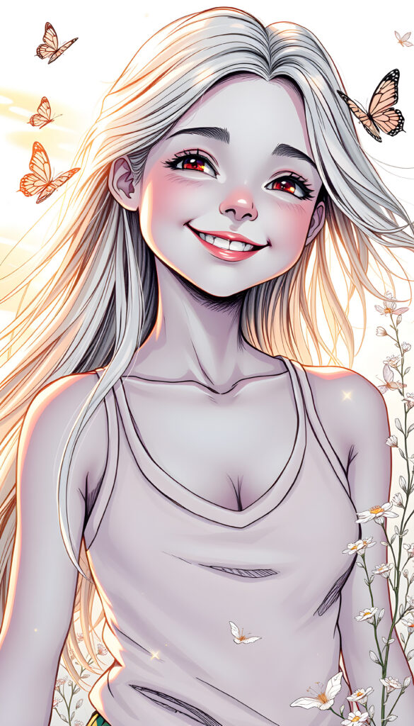 A breathtaking masterpiece in vivid colors, featuring a young, joyful girl with long, flowing blonde hair. She smiles radiantly, her perfect, curved figure highlighted by a tank top with a deep V-neck, set against a sunny, dreamy backdrop. The scene is enhanced with warm, golden lighting, and whimsical details like delicate flowers and butterflies fluttering around her, creating a magical and uplifting atmosphere.