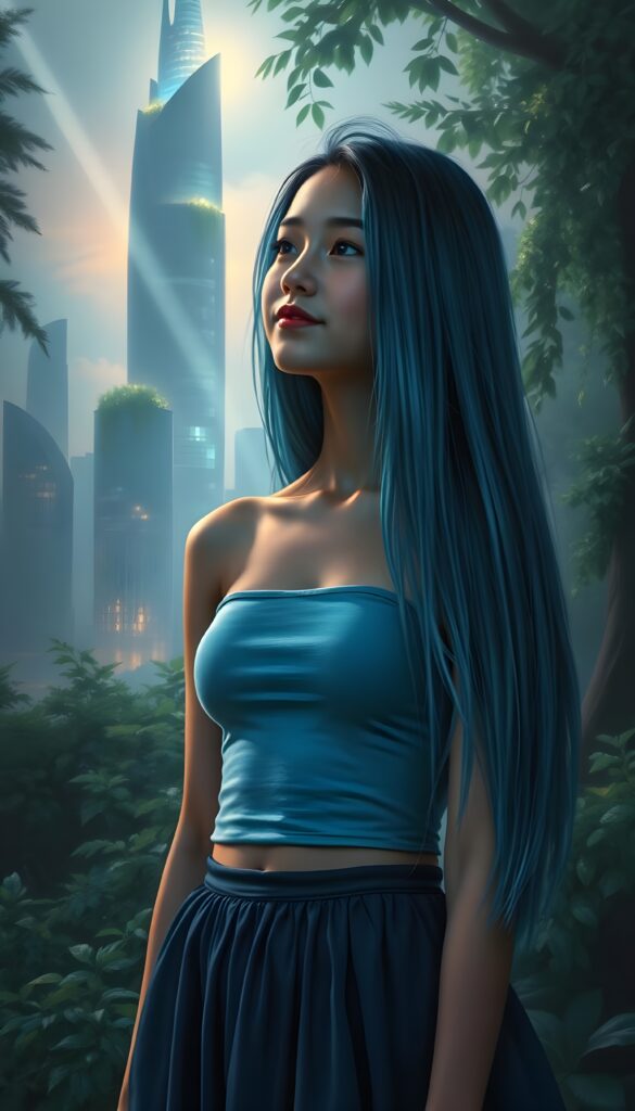 A breathtaking young teen girl with cascading, super long soft, straight deep blue hair reminiscent of ocean waves stands gracefully amidst an enchanted cityscape. She wears a short cropped light blue plain tank top and a dark round mini skirt. Her iridescent gown shimmers with hues of emerald and sapphire, blending harmoniously with the luminous foliage surrounding her. Sunbeams filter through the lush canopy, casting a mesmerizing, ethereal glow upon her serene, radiant face. Her expression exudes warmth and kindness, eyes gazing into the horizon with a gentle, hopeful smile. In the background, a futuristic, glowing skyscraper emerges from the mist, its surfaces adorned with shimmering lights and floating gardens. The scene is bathed in a soft, enchanting twilight, blending realism with dreamlike fantasy to create a visually captivating and heartwarming tableau.