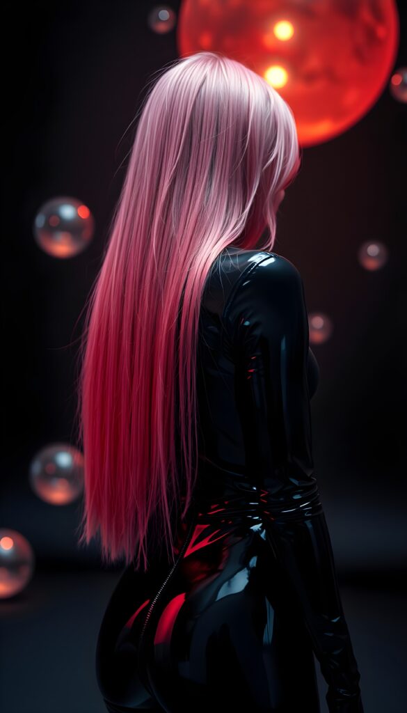 A breathtaking scene featuring a young girl with long, straight pink and neon red hair, her hair falls down her back like a waterfall and reaches her hips. She's dressed in a sleek, black full body latex catsuit that shimmers under the perfect lighting, reflecting a sense of luxury. The dark backdrop contrasts beautifully, highlighting her and the intricate details of her attire. The setting is a surreal, ethereal environment with soft, glowing orbs floating in the background, adding a magical touch. View from the back. Perfect curved butt.
