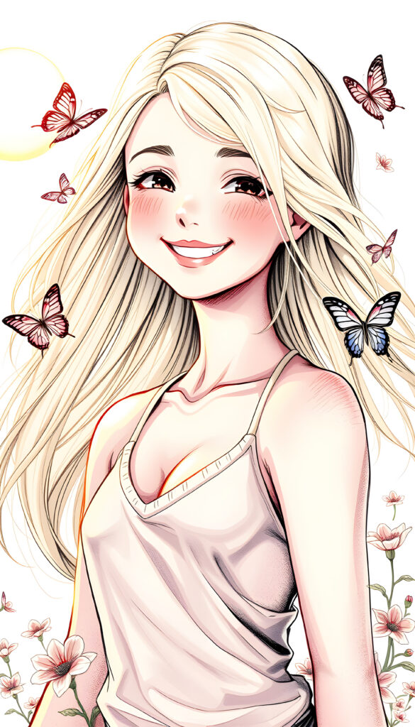A breathtaking masterpiece in vivid colors, featuring a young, joyful girl with long, flowing blonde hair. She smiles radiantly, her perfect, curved figure highlighted by a tank top with a deep V-neck, set against a sunny, dreamy backdrop. The scene is enhanced with warm, golden lighting, and whimsical details like delicate flowers and butterflies fluttering around her, creating a magical and uplifting atmosphere.
