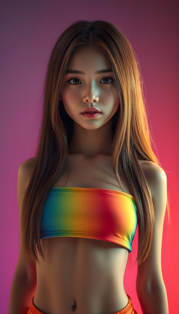A breathtaking 3D image of a stunning young girl with long, straight, smooth hazelnut hair cascading down her shoulders. She wears a vibrant, short, multicolored crop top that accentuates her figure. Her full, perfectly shaped lips are highlighted by subtle makeup. The scene is illuminated by dynamic lighting, casting soft shadows that enhance her features. She stands confidently against a gradient background transitioning from deep purple to soft pink, with a subtle aurora effect adding a magical touch.