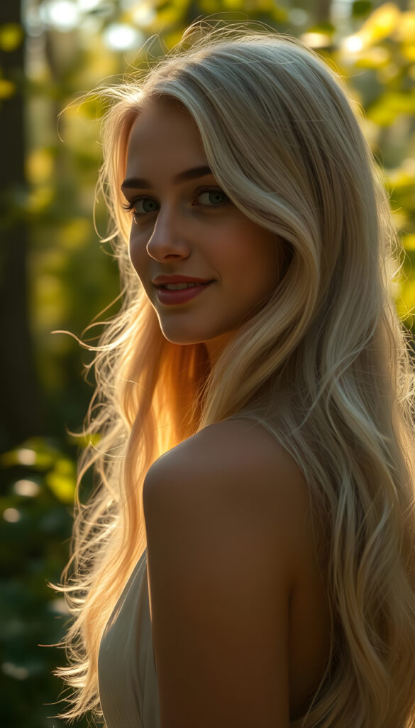 A breathtaking portrait of a young female model in an enchanting forest setting, with her elegant side profile sharply in focus. The scene is bathed in soft, golden sunlight filtering through the canopy, creating a magical bokeh effect. Her long, wavy white hair cascades over her shoulders, framing her face beautifully. She has radiant, luminous green eyes and a warm, gentle smile that exudes innocence and grace. The backdrop features lush, vibrant foliage with subtle hints of sunlight dappling the ground, adding depth and texture to the image. The overall composition is a harmonious blend of natural beauty and artistic refinement, evoking a sense of tranquility and elegance.