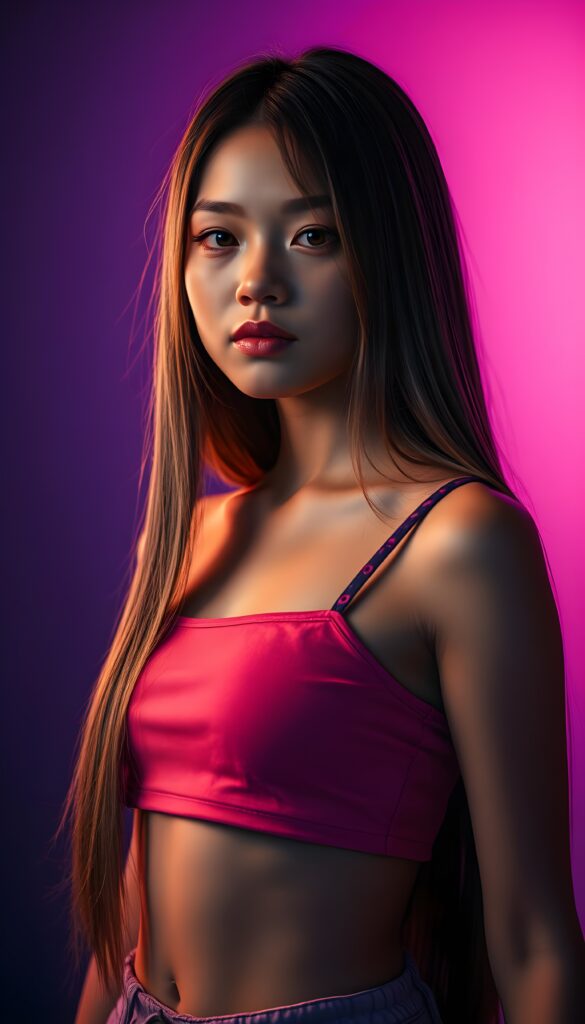 A breathtaking 3D image of a stunning young girl with long, straight, smooth hazelnut hair cascading down her shoulders. She wears a vibrant, short, multicolored crop top that accentuates her figure. Her full, perfectly shaped lips are highlighted by subtle makeup. The scene is illuminated by dynamic lighting, casting soft shadows that enhance her features. She stands confidently against a gradient background transitioning from deep purple to soft pink, with a subtle aurora effect adding a magical touch.