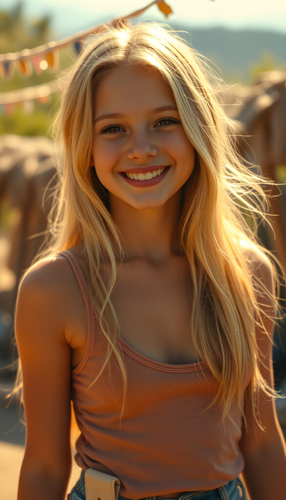 A breathtaking masterpiece in vivid colors, featuring a young, joyful girl with long, flowing blonde hair, same length. She smiles radiantly, her perfect, curved figure highlighted by a tank top with a deep V-neck, set against a sunny, dreamy backdrop. The scene is enhanced with warm, golden lighting, and whimsical details, creating a magical and uplifting atmosphere.