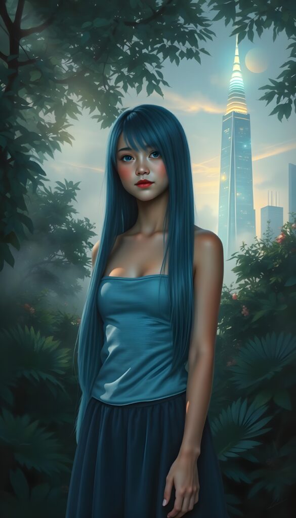 A breathtaking young teen girl with cascading, super long soft, straight deep blue hair reminiscent of ocean waves stands gracefully amidst an enchanted cityscape. She wears a short cropped light blue plain tank top and a dark round mini skirt. Her iridescent gown shimmers with hues of emerald and sapphire, blending harmoniously with the luminous foliage surrounding her. Sunbeams filter through the lush canopy, casting a mesmerizing, ethereal glow upon her serene, radiant face. Her expression exudes warmth and kindness, eyes gazing into the horizon with a gentle, hopeful smile. In the background, a futuristic, glowing skyscraper emerges from the mist, its surfaces adorned with shimmering lights and floating gardens. The scene is bathed in a soft, enchanting twilight, blending realism with dreamlike fantasy to create a visually captivating and heartwarming tableau.
