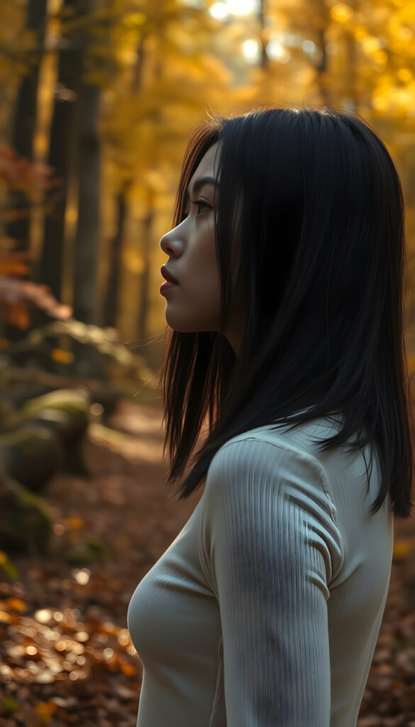 A breathtaking scene in an autumn forest, where a cute exotic girl with perfectly curved body and detailed black straight hair stands in a side view, wearing a thin tight white plain chiffon sweater. The forest is filled with vibrant fall colors, and the sunlight filters through the trees creating a warm, golden glow. The girl's skin is flawless, and her face is ultra-realistic, with every detail meticulously captured. The background is a deep shadow, adding depth and contrast to the image. The saturation is beautifully enhanced, making the colors pop, and the depth of field is masterfully used to highlight the subject. This is a stunning masterpiece with high resolution, capturing the essence of autumn in a captivating and imaginative composition.
