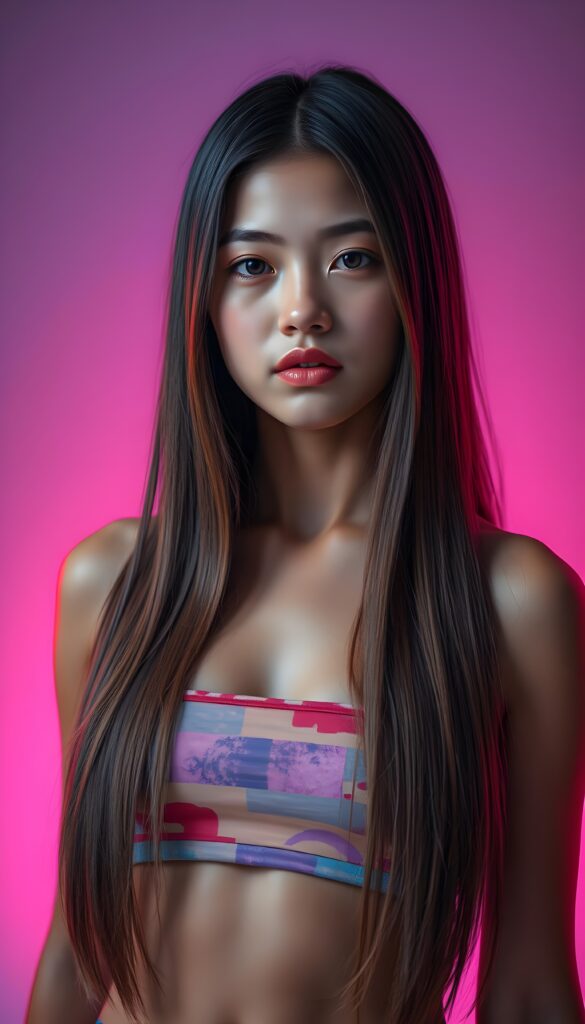 A breathtaking 3D image of a stunning young girl with long, straight, smooth hazelnut hair cascading down her shoulders. She wears a vibrant, short, multicolored crop top that accentuates her figure. Her full, perfectly shaped lips are highlighted by subtle makeup. The scene is illuminated by dynamic lighting, casting soft shadows that enhance her features. She stands confidently against a gradient background transitioning from deep purple to soft pink, with a subtle aurora effect adding a magical touch.