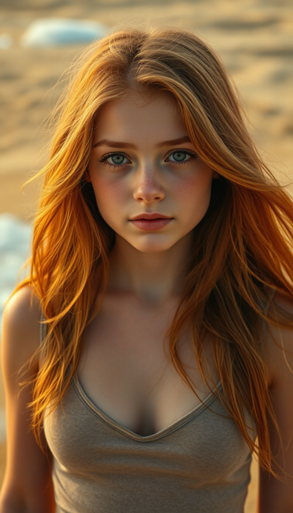 A breathtaking portrait of a young ginger-haired girl with long, flowing amber locks cascading down her shoulders and framing her face. Her round, softly contoured face is adorned with warm, inviting amber eyes that sparkle with innocence. She wears a deep V-neck crop tank top with a wide-open front, accentuating her graceful curves. The scene is set against a vibrant beach backdrop, with golden sands stretching to the horizon and turquoise waves gently lapping at the shore. The lighting is soft and warm, casting a gentle glow over her features and highlighting the natural beauty of her hair and skin.