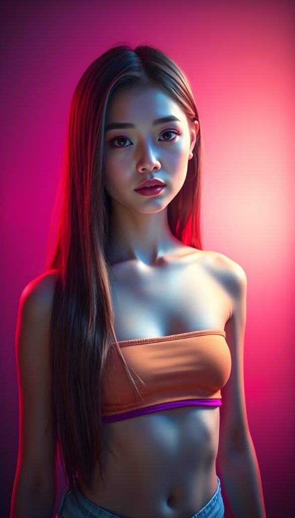 A breathtaking 3D image of a stunning young girl with long, straight, smooth hazelnut hair cascading down her shoulders. She wears a vibrant, short, multicolored crop top that accentuates her figure. Her full, perfectly shaped lips are highlighted by subtle makeup. The scene is illuminated by dynamic lighting, casting soft shadows that enhance her features. She stands confidently against a gradient background transitioning from deep purple to soft pink, with a subtle aurora effect adding a magical touch.