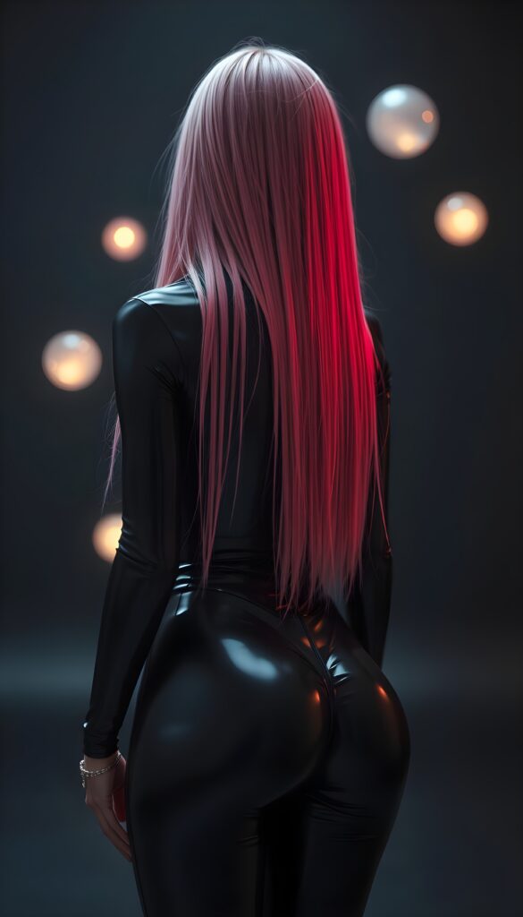 A breathtaking scene featuring a young girl with long, straight pink and neon red hair, her hair falls down her back like a waterfall and reaches her hips. She's dressed in a sleek, black full body latex catsuit that shimmers under the perfect lighting, reflecting a sense of luxury. The dark backdrop contrasts beautifully, highlighting her and the intricate details of her attire. The setting is a surreal, ethereal environment with soft, glowing orbs floating in the background, adding a magical touch. View from the back. Perfect curved butt.