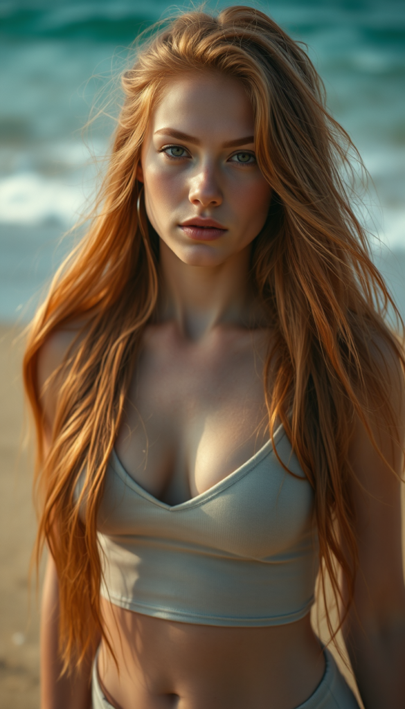 A breathtaking portrait of a young ginger-haired girl with long, flowing amber locks cascading down her shoulders and framing her face. Her round, softly contoured face is adorned with warm, inviting amber eyes that sparkle with innocence. She wears a deep V-neck crop tank top with a wide-open front, accentuating her graceful curves. The scene is set against a vibrant beach backdrop, with golden sands stretching to the horizon and turquoise waves gently lapping at the shore. The lighting is soft and warm, casting a gentle glow over her features and highlighting the natural beauty of her hair and skin.