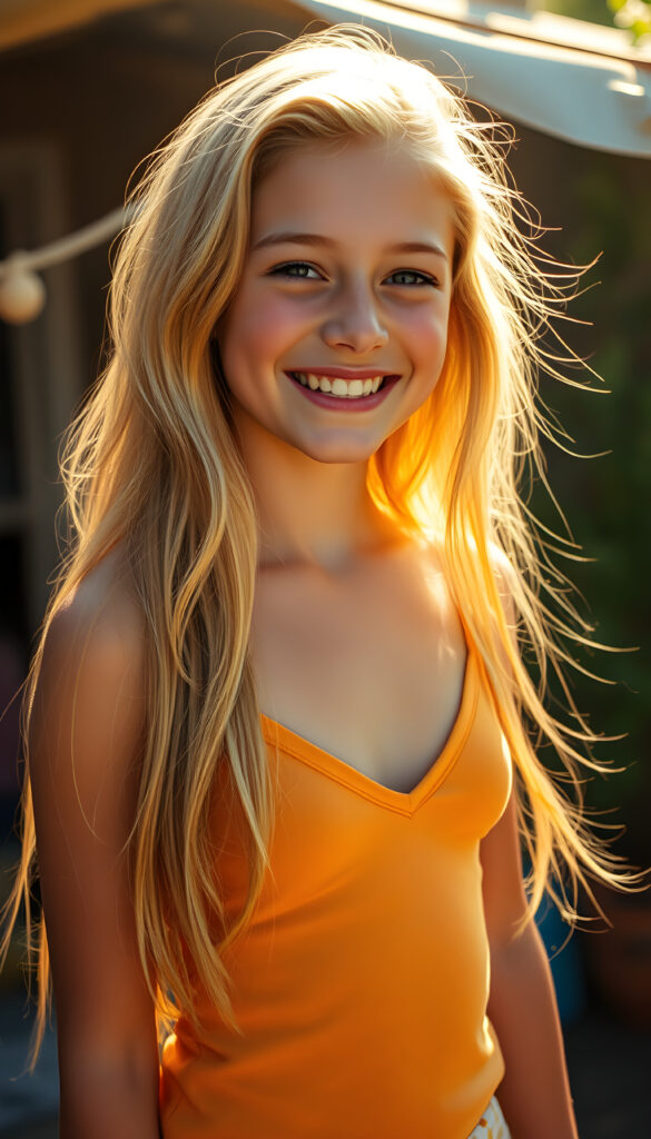 A breathtaking masterpiece in vivid colors, featuring a young, joyful girl with long, flowing blonde hair, same length. She smiles radiantly, her perfect, curved figure highlighted by a tank top with a deep V-neck, set against a sunny, dreamy backdrop. The scene is enhanced with warm, golden lighting, and whimsical details, creating a magical and uplifting atmosphere.