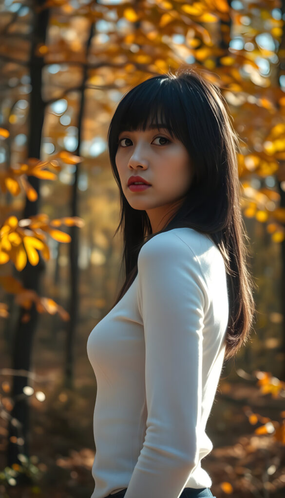 A breathtaking scene in an autumn forest, where a cute exotic girl with perfectly curved body and detailed black straight hair stands in a side view, wearing a thin tight white plain chiffon sweater. The forest is filled with vibrant fall colors, and the sunlight filters through the trees creating a warm, golden glow. The girl's skin is flawless, and her face is ultra-realistic, with every detail meticulously captured. The background is a deep shadow, adding depth and contrast to the image. The saturation is beautifully enhanced, making the colors pop, and the depth of field is masterfully used to highlight the subject. This is a stunning masterpiece with high resolution, capturing the essence of autumn in a captivating and imaginative composition.