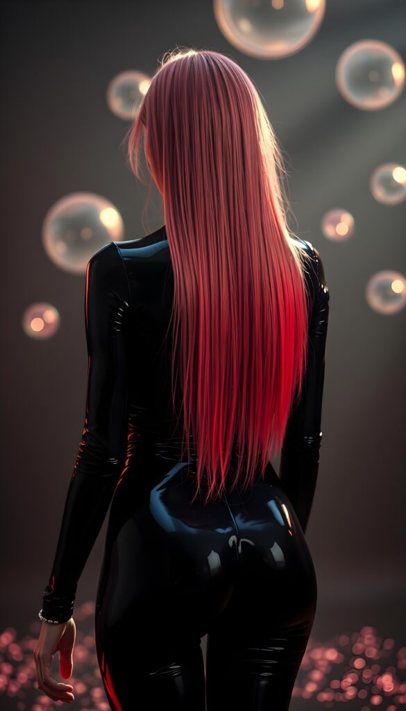 A breathtaking scene featuring a young girl with long, straight pink and neon red hair, her hair falls down her back like a waterfall and reaches her hips. She's dressed in a sleek, black full body latex catsuit that shimmers under the perfect lighting, reflecting a sense of luxury. The dark backdrop contrasts beautifully, highlighting her and the intricate details of her attire. The setting is a surreal, ethereal environment with soft, glowing orbs floating in the background, adding a magical touch. View from the back. Perfect curved butt.