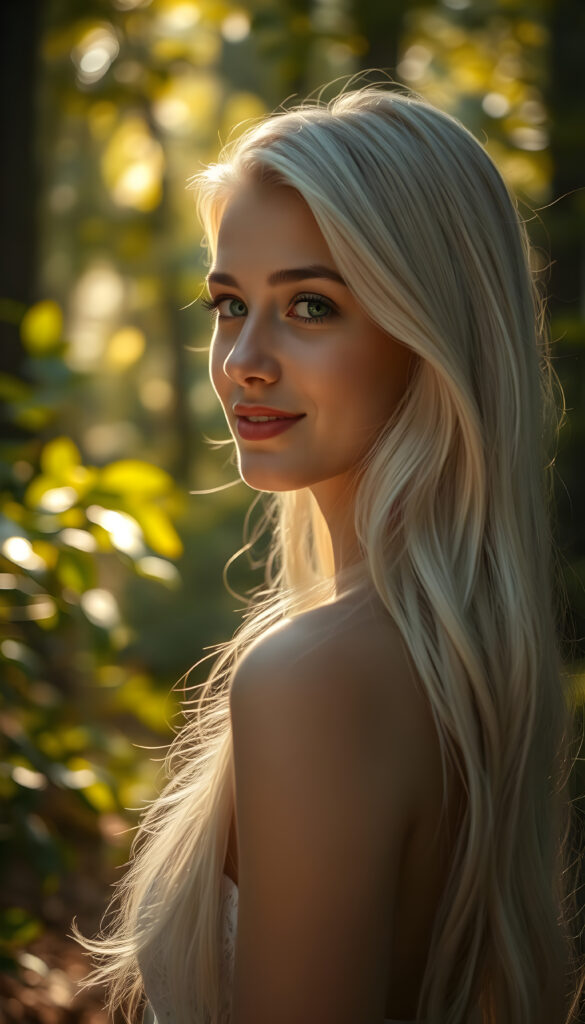 A breathtaking portrait of a young female model in an enchanting forest setting, with her elegant side profile sharply in focus. The scene is bathed in soft, golden sunlight filtering through the canopy, creating a magical bokeh effect. Her long, wavy white hair cascades over her shoulders, framing her face beautifully. She has radiant, luminous green eyes and a warm, gentle smile that exudes innocence and grace. The backdrop features lush, vibrant foliage with subtle hints of sunlight dappling the ground, adding depth and texture to the image. The overall composition is a harmonious blend of natural beauty and artistic refinement, evoking a sense of tranquility and elegance.