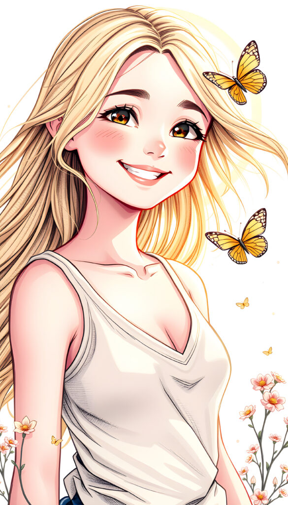 A breathtaking masterpiece in vivid colors, featuring a young, joyful girl with long, flowing blonde hair. She smiles radiantly, her perfect, curved figure highlighted by a tank top with a deep V-neck, set against a sunny, dreamy backdrop. The scene is enhanced with warm, golden lighting, and whimsical details like delicate flowers and butterflies fluttering around her, creating a magical and uplifting atmosphere.