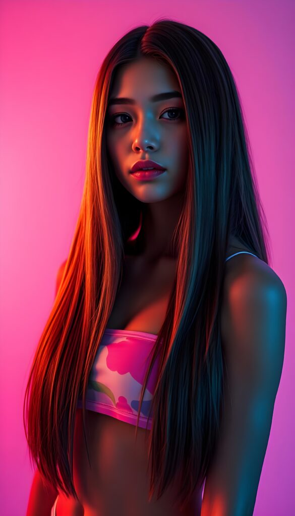 A breathtaking 3D image of a stunning young girl with long, straight, smooth hazelnut hair cascading down her shoulders. She wears a vibrant, short, multicolored crop top that accentuates her figure. Her full, perfectly shaped lips are highlighted by subtle makeup. The scene is illuminated by dynamic lighting, casting soft shadows that enhance her features. She stands confidently against a gradient background transitioning from deep purple to soft pink, with a subtle aurora effect adding a magical touch.