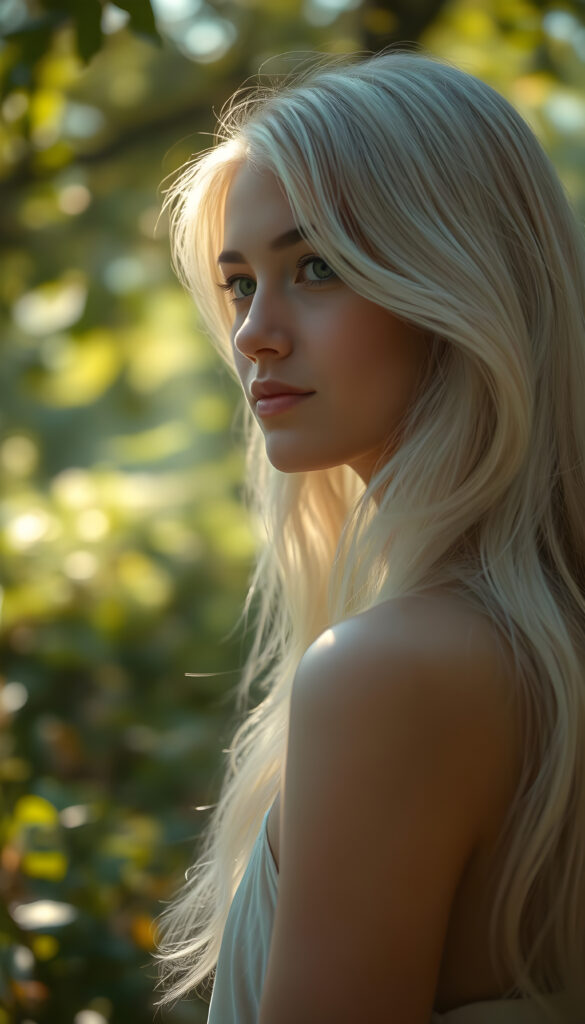 A breathtaking portrait of a young female model in an enchanting forest setting, with her elegant side profile sharply in focus. The scene is bathed in soft, golden sunlight filtering through the canopy, creating a magical bokeh effect. Her long, wavy white hair cascades over her shoulders, framing her face beautifully. She has radiant, luminous green eyes and a warm, gentle smile that exudes innocence and grace. The backdrop features lush, vibrant foliage with subtle hints of sunlight dappling the ground, adding depth and texture to the image. The overall composition is a harmonious blend of natural beauty and artistic refinement, evoking a sense of tranquility and elegance.