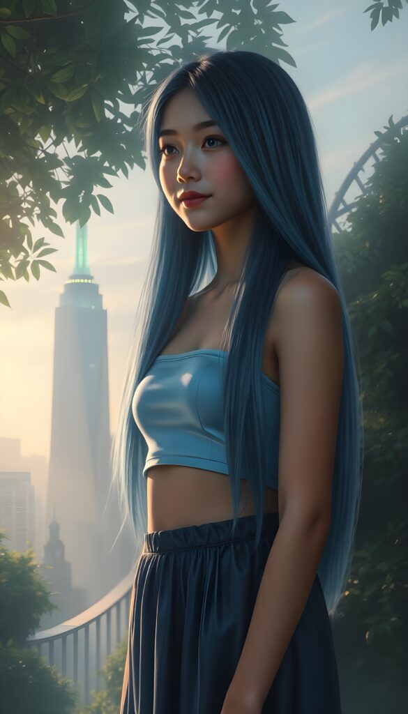 A breathtaking young teen girl with cascading, super long soft, straight deep blue hair reminiscent of ocean waves stands gracefully amidst an enchanted cityscape. She wears a short cropped light blue plain tank top and a dark round mini skirt. Her iridescent gown shimmers with hues of emerald and sapphire, blending harmoniously with the luminous foliage surrounding her. Sunbeams filter through the lush canopy, casting a mesmerizing, ethereal glow upon her serene, radiant face. Her expression exudes warmth and kindness, eyes gazing into the horizon with a gentle, hopeful smile. In the background, a futuristic, glowing skyscraper emerges from the mist, its surfaces adorned with shimmering lights and floating gardens. The scene is bathed in a soft, enchanting twilight, blending realism with dreamlike fantasy to create a visually captivating and heartwarming tableau.