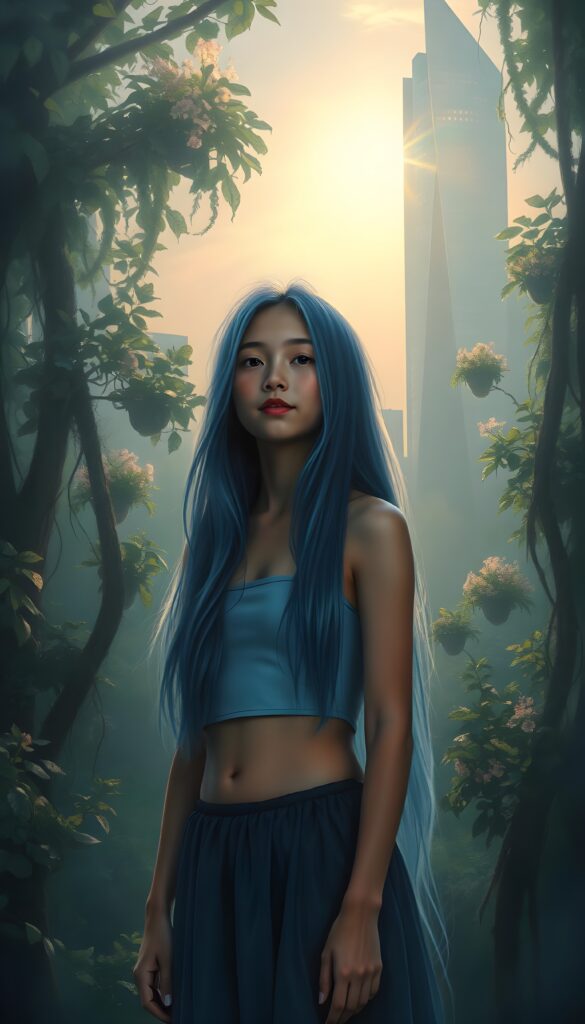 A breathtaking young teen girl with cascading, super long soft, straight deep blue hair reminiscent of ocean waves stands gracefully amidst an enchanted cityscape. She wears a short cropped light blue plain tank top and a dark round mini skirt. Her iridescent gown shimmers with hues of emerald and sapphire, blending harmoniously with the luminous foliage surrounding her. Sunbeams filter through the lush canopy, casting a mesmerizing, ethereal glow upon her serene, radiant face. Her expression exudes warmth and kindness, eyes gazing into the horizon with a gentle, hopeful smile. In the background, a futuristic, glowing skyscraper emerges from the mist, its surfaces adorned with shimmering lights and floating gardens. The scene is bathed in a soft, enchanting twilight, blending realism with dreamlike fantasy to create a visually captivating and heartwarming tableau.