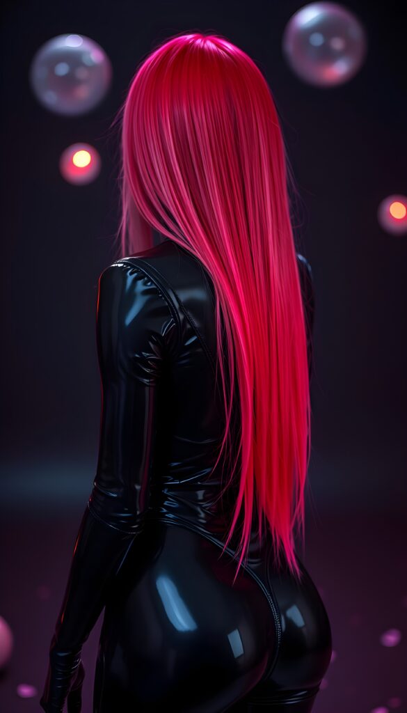 A breathtaking scene featuring a young girl with long, straight pink and neon red hair, her hair falls down her back like a waterfall and reaches her hips. She's dressed in a sleek, black full body latex catsuit that shimmers under the perfect lighting, reflecting a sense of luxury. The dark backdrop contrasts beautifully, highlighting her and the intricate details of her attire. The setting is a surreal, ethereal environment with soft, glowing orbs floating in the background, adding a magical touch. View from the back. Perfect curved butt.