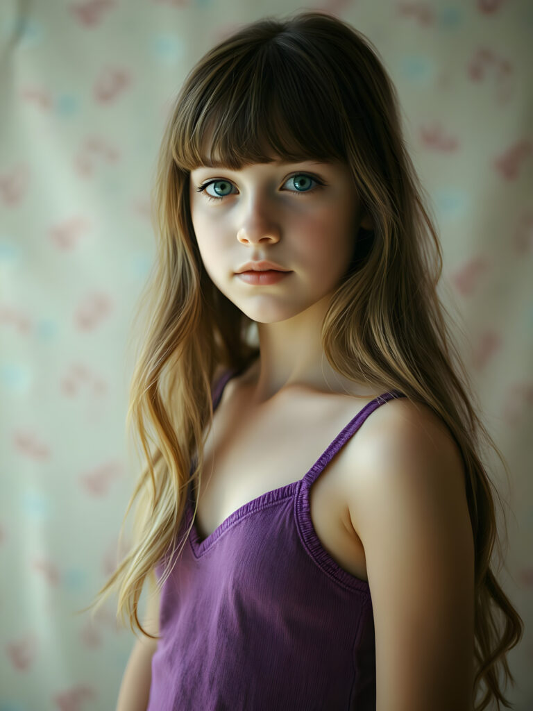 A breathtaking, ethereal portrait of a young girl with long, chestnut-brown hair cascading in waves. She has delicate bangs framing her face, and her eyes sparkle with a soft, enchanting light. Dressed in a vibrant purple, short tank top with a deep V-neck, she exudes a sense of grace and confidence. The image captures her from a slightly elevated angle, highlighting her elegant posture and the play of light and shadow across her form. The background is a dreamy blend of pastel hues, creating a serene and magical atmosphere. Her expression is one of gentle curiosity, enhancing the overall captivating and whimsical composition.