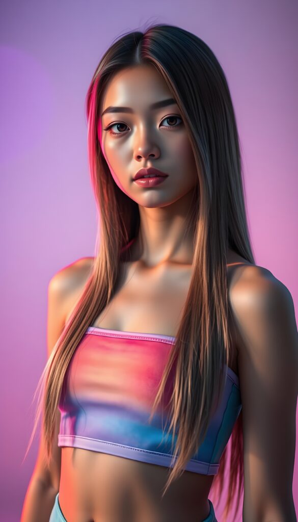 A breathtaking 3D image of a stunning young girl with long, straight, smooth hazelnut hair cascading down her shoulders. She wears a vibrant, short, multicolored crop top that accentuates her figure. Her full, perfectly shaped lips are highlighted by subtle makeup. The scene is illuminated by dynamic lighting, casting soft shadows that enhance her features. She stands confidently against a gradient background transitioning from deep purple to soft pink, with a subtle aurora effect adding a magical touch.