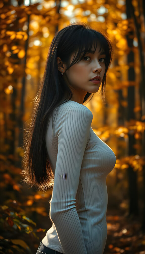 A breathtaking scene in an autumn forest, where a cute exotic girl with perfectly curved body and detailed black straight hair stands in a side view, wearing a thin tight white plain chiffon sweater. The forest is filled with vibrant fall colors, and the sunlight filters through the trees creating a warm, golden glow. The girl's skin is flawless, and her face is ultra-realistic, with every detail meticulously captured. The background is a deep shadow, adding depth and contrast to the image. The saturation is beautifully enhanced, making the colors pop, and the depth of field is masterfully used to highlight the subject. This is a stunning masterpiece with high resolution, capturing the essence of autumn in a captivating and imaginative composition.