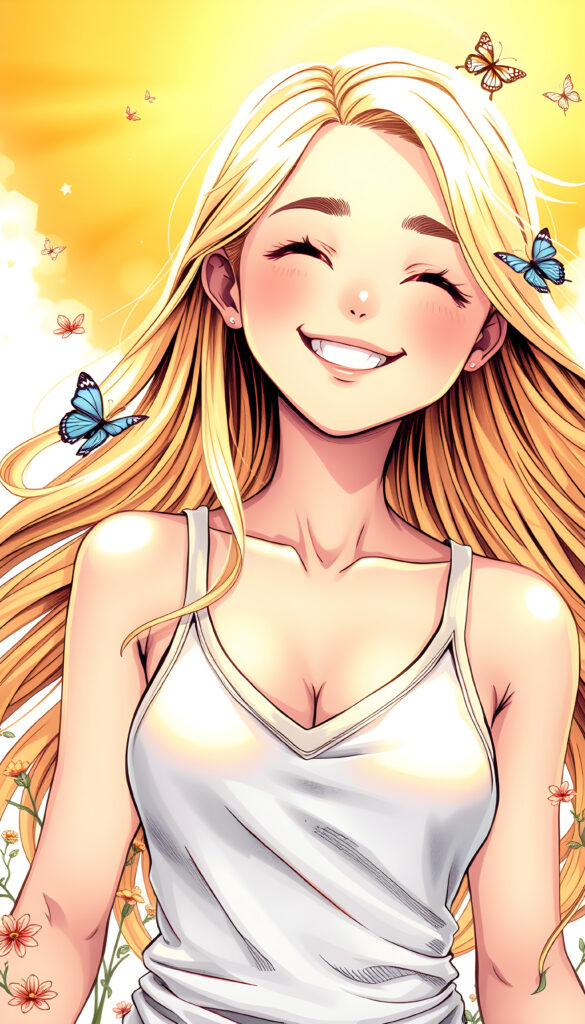A breathtaking masterpiece in vivid colors, featuring a young, joyful girl with long, flowing blonde hair. She smiles radiantly, her perfect, curved figure highlighted by a tank top with a deep V-neck, set against a sunny, dreamy backdrop. The scene is enhanced with warm, golden lighting, and whimsical details like delicate flowers and butterflies fluttering around her, creating a magical and uplifting atmosphere.