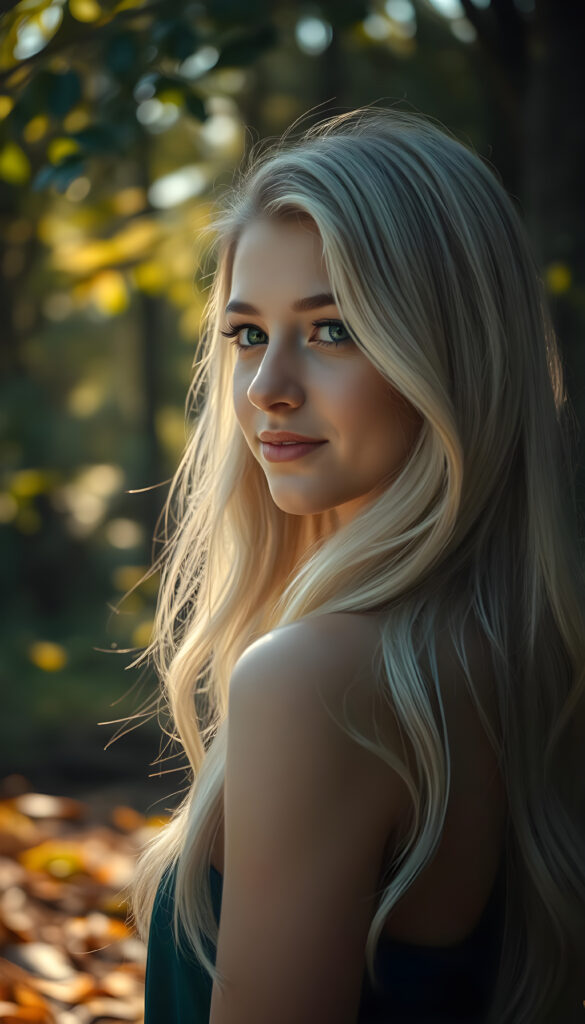 A breathtaking portrait of a young female model in an enchanting forest setting, with her elegant side profile sharply in focus. The scene is bathed in soft, golden sunlight filtering through the canopy, creating a magical bokeh effect. Her long, wavy white hair cascades over her shoulders, framing her face beautifully. She has radiant, luminous green eyes and a warm, gentle smile that exudes innocence and grace. The backdrop features lush, vibrant foliage with subtle hints of sunlight dappling the ground, adding depth and texture to the image. The overall composition is a harmonious blend of natural beauty and artistic refinement, evoking a sense of tranquility and elegance.