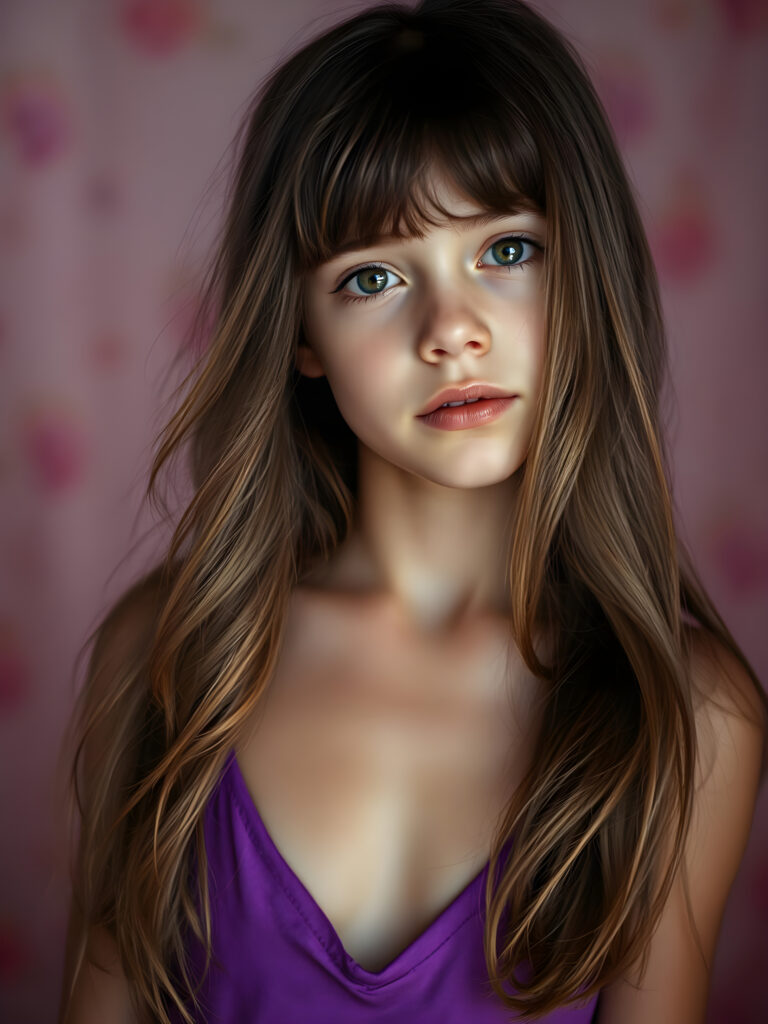 A breathtaking, ethereal portrait of a young girl with long, chestnut-brown hair cascading in waves. She has delicate bangs framing her face, and her eyes sparkle with a soft, enchanting light. Dressed in a vibrant purple, short tank top with a deep V-neck, she exudes a sense of grace and confidence. The image captures her from a slightly elevated angle, highlighting her elegant posture and the play of light and shadow across her form. The background is a dreamy blend of pastel hues, creating a serene and magical atmosphere. Her expression is one of gentle curiosity, enhancing the overall captivating and whimsical composition.