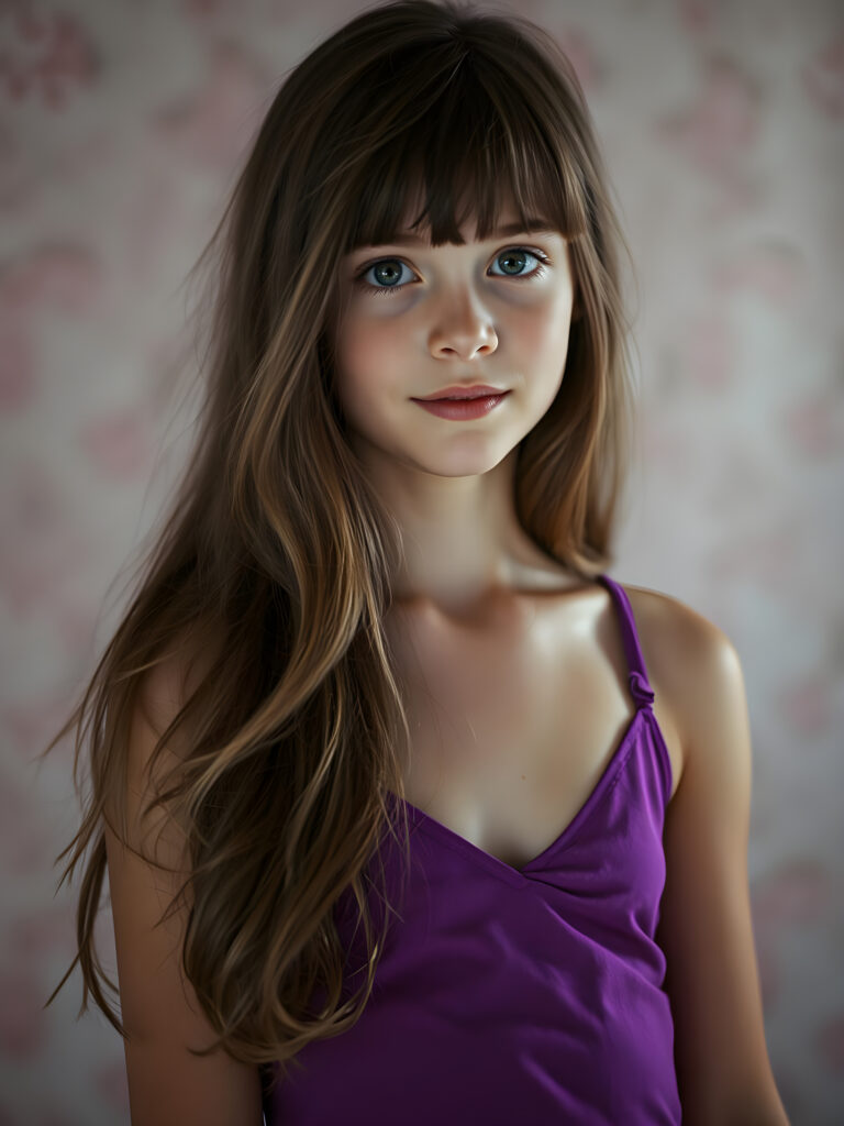 A breathtaking, ethereal portrait of a young girl with long, chestnut-brown hair cascading in waves. She has delicate bangs framing her face, and her eyes sparkle with a soft, enchanting light. Dressed in a vibrant purple, short tank top with a deep V-neck, she exudes a sense of grace and confidence. The image captures her from a slightly elevated angle, highlighting her elegant posture and the play of light and shadow across her form. The background is a dreamy blend of pastel hues, creating a serene and magical atmosphere. Her expression is one of gentle curiosity, enhancing the overall captivating and whimsical composition.