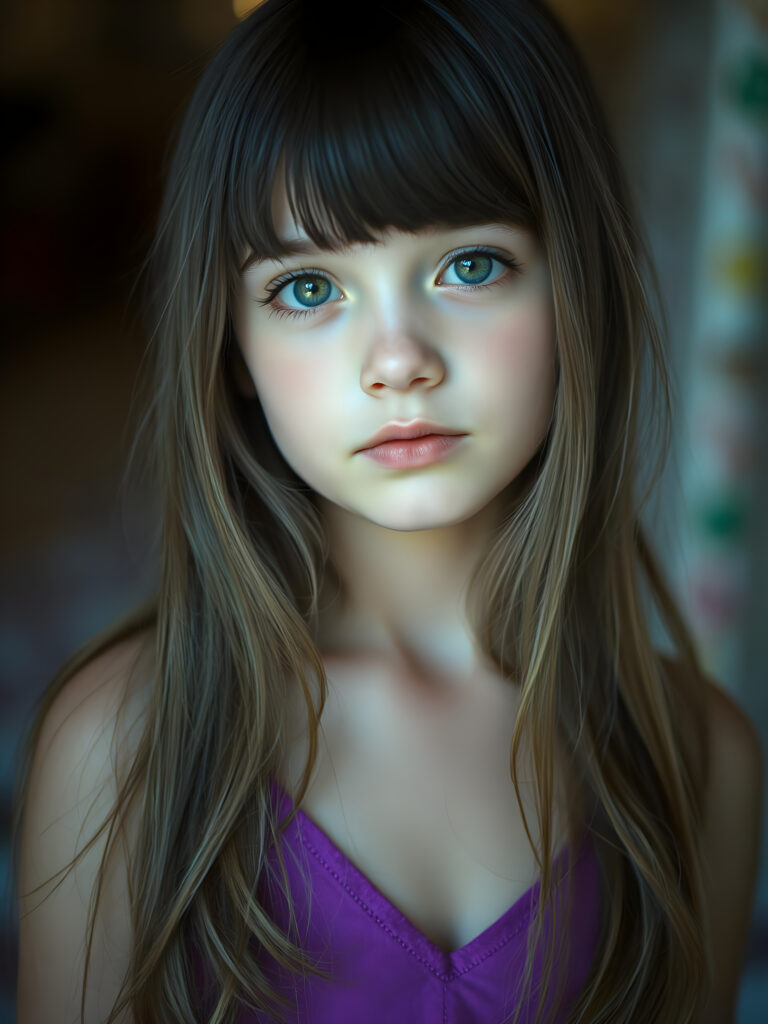A breathtaking, ethereal portrait of a young girl with long, chestnut-brown hair cascading in waves. She has delicate bangs framing her face, and her eyes sparkle with a soft, enchanting light. Dressed in a vibrant purple, short tank top with a deep V-neck, she exudes a sense of grace and confidence. The image captures her from a slightly elevated angle, highlighting her elegant posture and the play of light and shadow across her form. The background is a dreamy blend of pastel hues, creating a serene and magical atmosphere. Her expression is one of gentle curiosity, enhancing the overall captivating and whimsical composition.