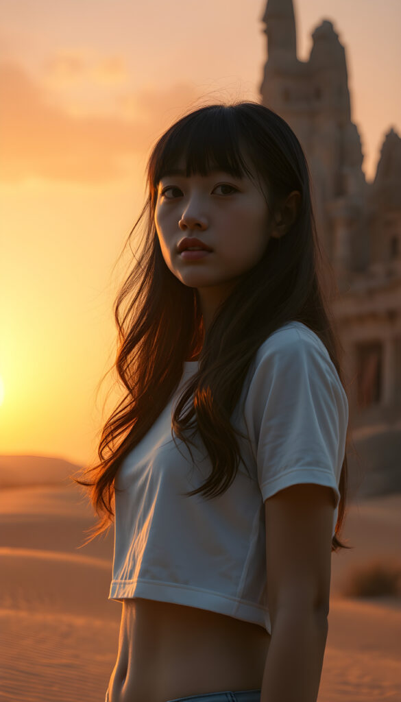 A breathtakingly detailed fantasy image of a young Asian girl with long, silky black wavy hair and bangs, wearing a short cropped white t-shirt that highlights her graceful figure. She stands in a surreal desert landscape, with towering crystal formations that shimmer under a golden sunrise. The sky is painted with hues of pink and orange, casting a warm glow over the scene. In the background, there's a mystical, ancient stone temple partially hidden by sand dunes, adding an element of adventure and wonder. The composition blends realism with a touch of fantasy, creating a dreamlike atmosphere.