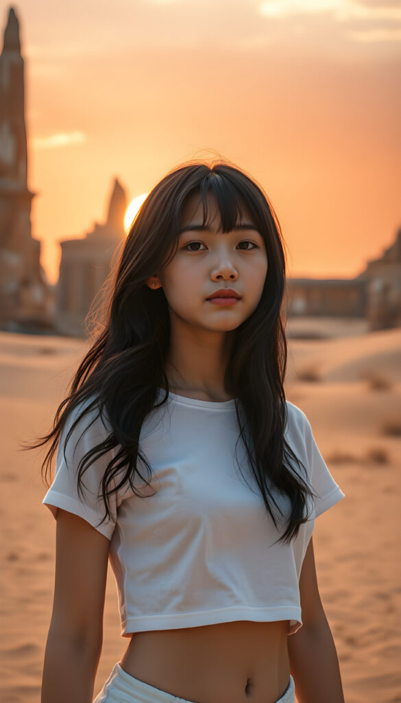 A breathtakingly detailed fantasy image of a young Asian girl with long, silky black wavy hair and bangs, wearing a short cropped white t-shirt that highlights her graceful figure. She stands in a surreal desert landscape, with towering crystal formations that shimmer under a golden sunrise. The sky is painted with hues of pink and orange, casting a warm glow over the scene. In the background, there's a mystical, ancient stone temple partially hidden by sand dunes, adding an element of adventure and wonder. The composition blends realism with a touch of fantasy, creating a dreamlike atmosphere.